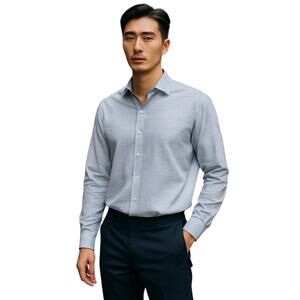 Robert Graham textured cotton shirt Blue White Checked Flip Cuff Classic Sz 42